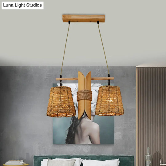 Rattan Conic Restaurant Pendant Lamp With 2 Beige Heads And Bamboo Tube Decoration