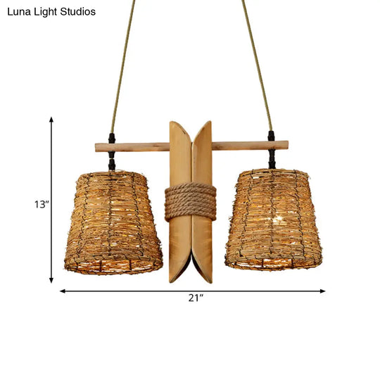 Rattan Conic Restaurant Pendant Lamp With 2 Beige Heads And Bamboo Tube Decoration