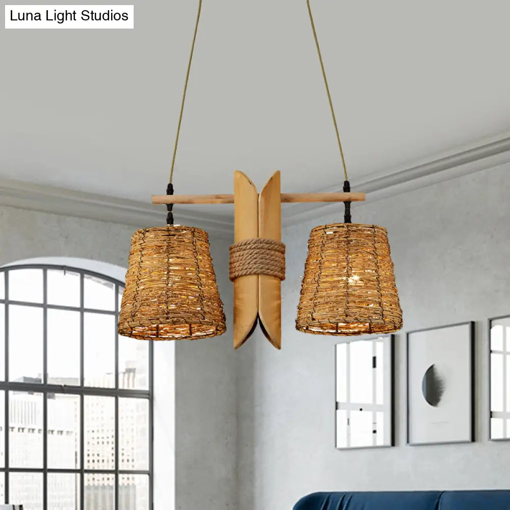 Rattan Conic Restaurant Pendant Lamp With 2 Beige Heads And Bamboo Tube Decoration