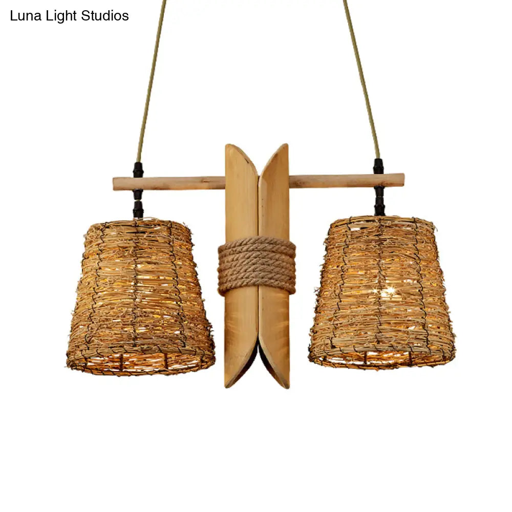 Rattan Conic Restaurant Pendant Lamp With 2 Beige Heads And Bamboo Tube Decoration