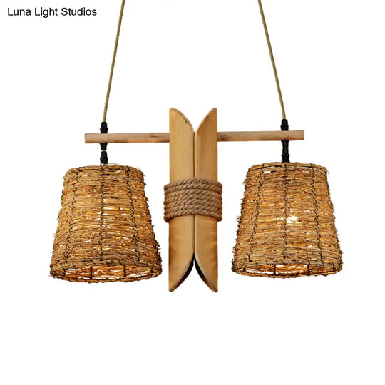 Rattan Conic Restaurant Pendant Lamp With 2 Beige Heads And Bamboo Tube Decoration