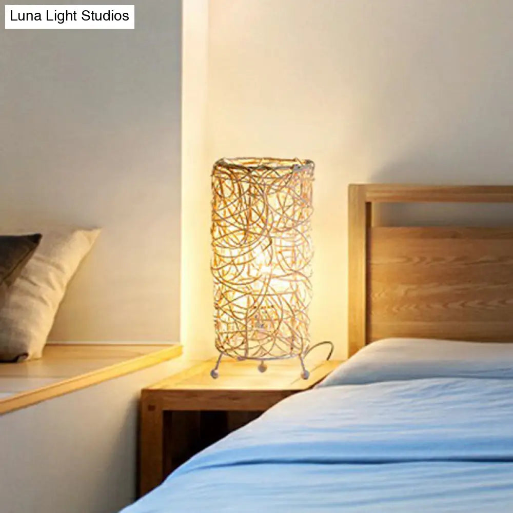 Rattan Cylindrical Table Lamp: Modern Style Single-Bulb Nightstand Lighting For Living Rooms