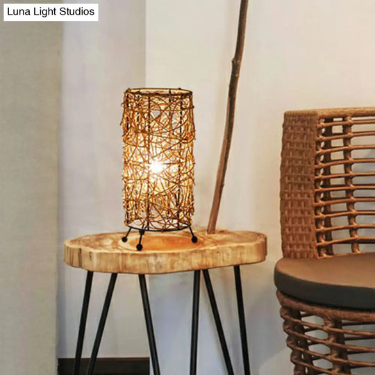 Rattan Cylindrical Table Lamp: Modern Style Single-Bulb Nightstand Lighting For Living Rooms