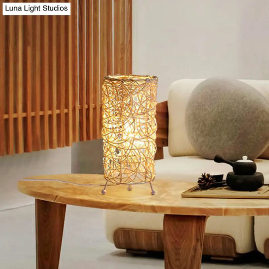 Rattan Cylindrical Table Lamp: Modern Style Single-Bulb Nightstand Lighting For Living Rooms