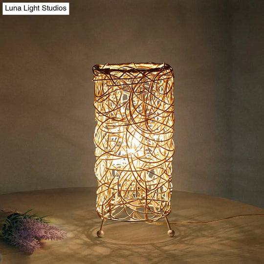 Rattan Cylindrical Table Lamp: Modern Style Single-Bulb Nightstand Lighting For Living Rooms