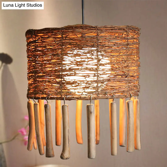 Rattan Drum Ceiling Lamp With Milky Globe Glass Shade