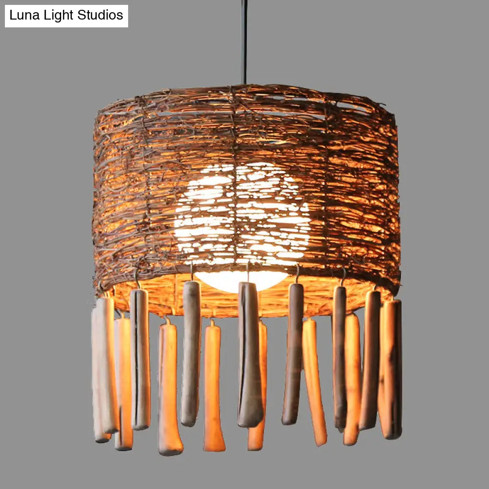 Rattan Drum Ceiling Lamp With Milky Globe Glass Shade