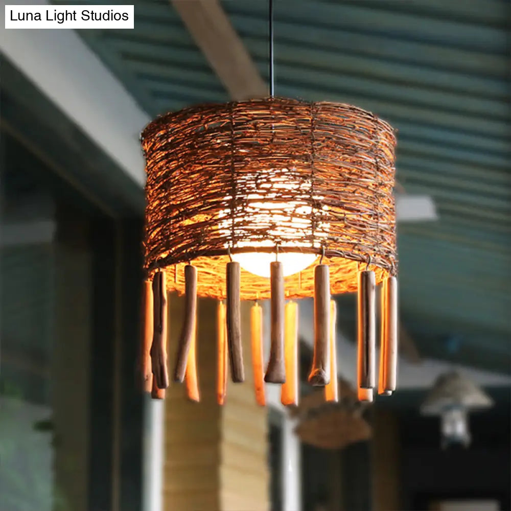 Rattan Drum Ceiling Lamp With Milky Globe Glass Shade