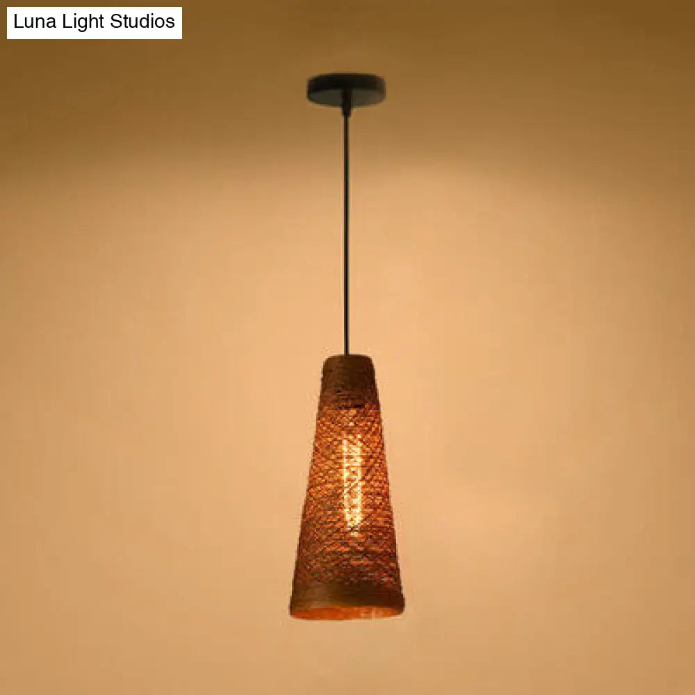 Contemporary Rattan Pendant Lamp | Handmade 1-Light Hanging Blue/Brown Cone Shade