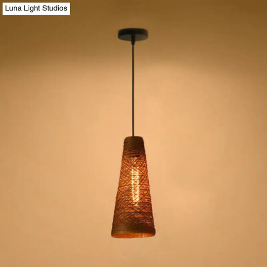 Contemporary Rattan Pendant Lamp | Handmade 1-Light Hanging Blue/Brown Cone Shade