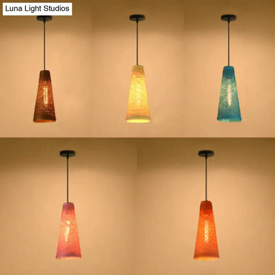 Contemporary Rattan Pendant Lamp | Handmade 1-Light Hanging Blue/Brown Cone Shade