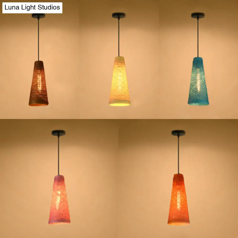 Rattan Handmade Pendant Lamp - Contemporary 1-Light Hanging In Blue/Brown