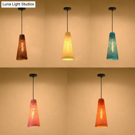 Rattan Handmade Pendant Lamp - Contemporary 1-Light Hanging In Blue/Brown