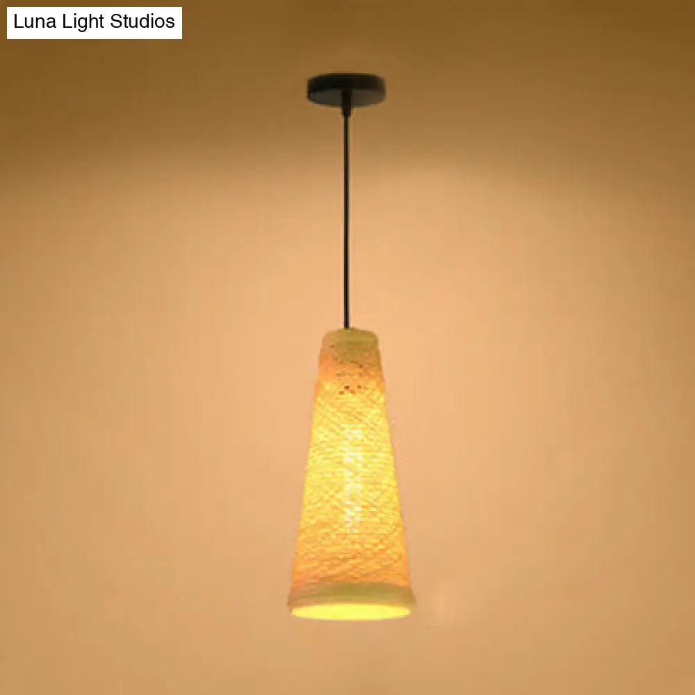 Contemporary Rattan Pendant Lamp | Handmade 1-Light Hanging Blue/Brown Cone Shade Beige