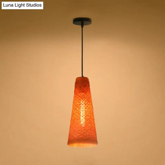 Contemporary Rattan Pendant Lamp | Handmade 1-Light Hanging Blue/Brown Cone Shade Orange