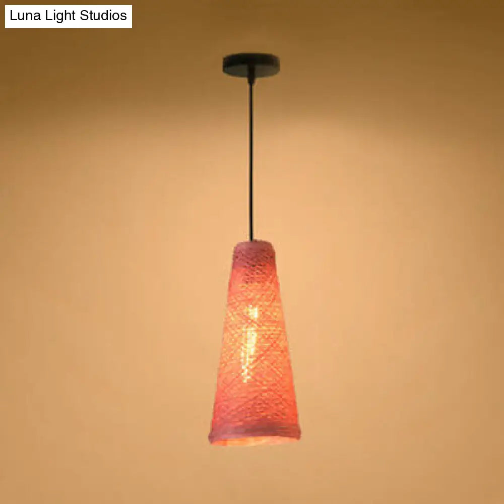 Contemporary Rattan Pendant Lamp | Handmade 1-Light Hanging Blue/Brown Cone Shade