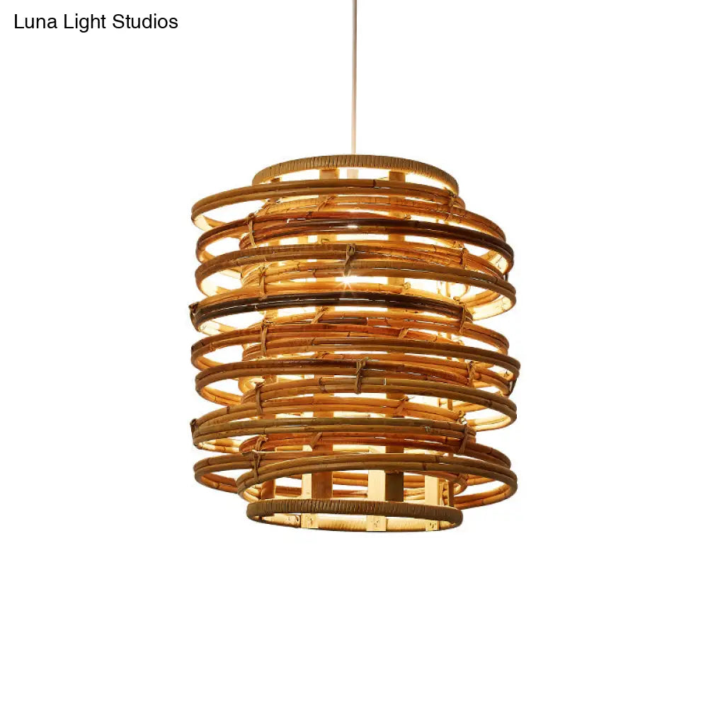 Rattan Hanging Ceiling Light - Asian Style With Wood Finish Suitable For Restaurants 1 Bulb Design