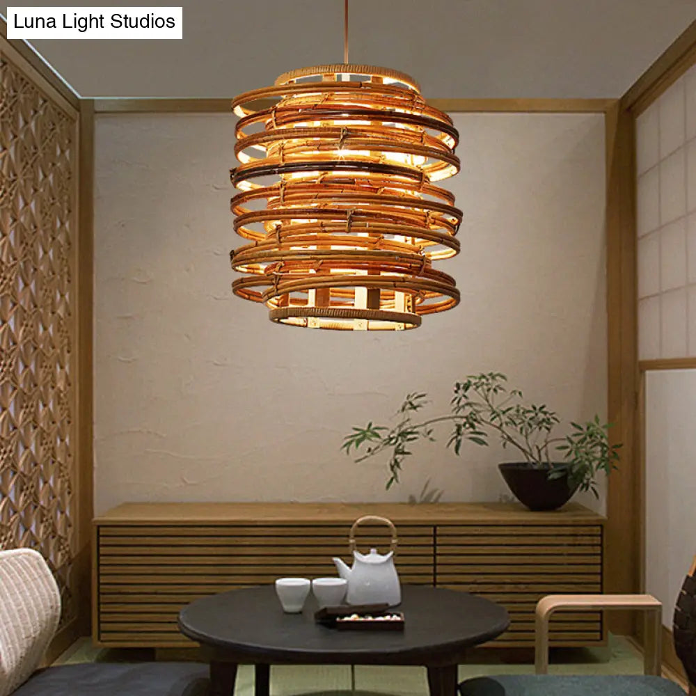 Rattan Hanging Ceiling Light - Asian Style With Wood Finish Suitable For Restaurants 1 Bulb Design