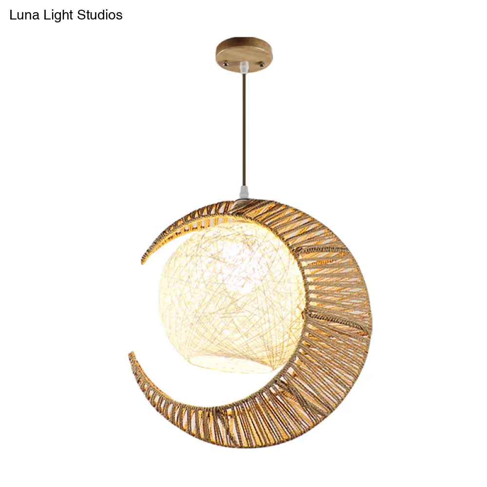 Rattan Pendant Lamp With Flaxen Moon & Ball Design For Balcony Lighting - 1 Bulb Asia Ceiling Hang