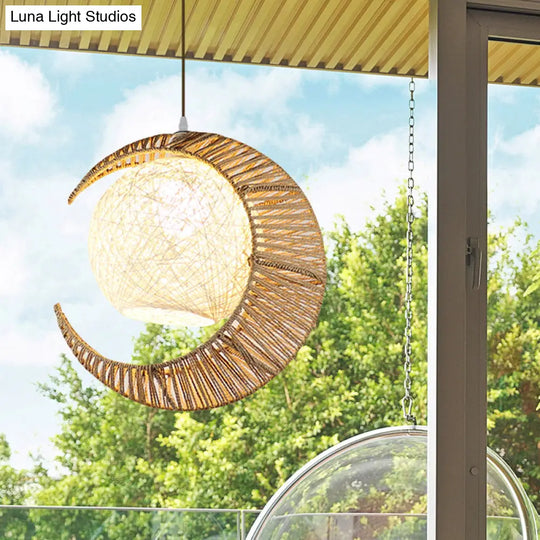 Rattan Pendant Lamp With Flaxen Moon & Ball Design For Balcony Lighting - 1 Bulb Asia Ceiling Hang