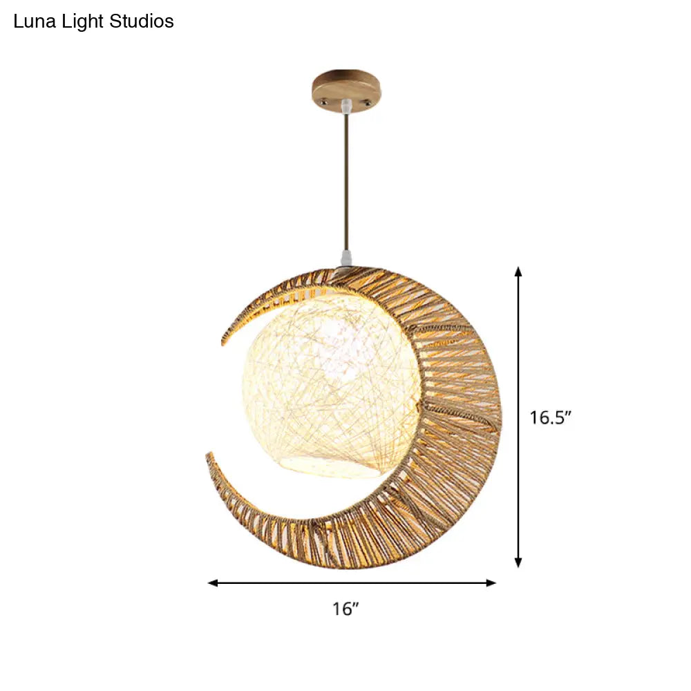 Rattan Pendant Lamp With Flaxen Moon & Ball Design For Balcony Lighting - 1 Bulb Asia Ceiling Hang