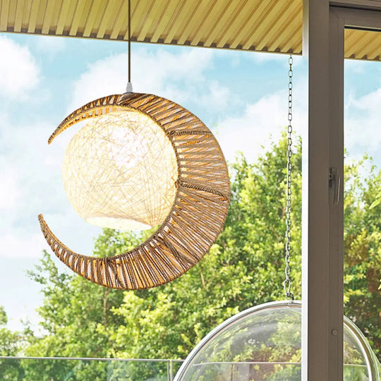 Rattan Pendant Lamp With Flaxen Moon & Ball Design For Balcony Lighting - 1 Bulb Asia Ceiling Hang