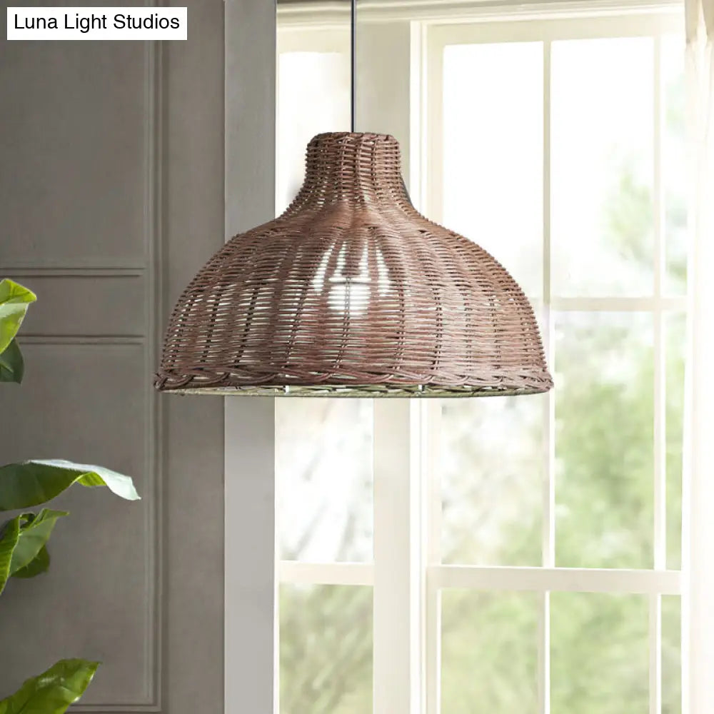 Rattan Beach House Pendant Light - 1 Half Circle Fixture With Adjustable Cord In White/Brown Brown