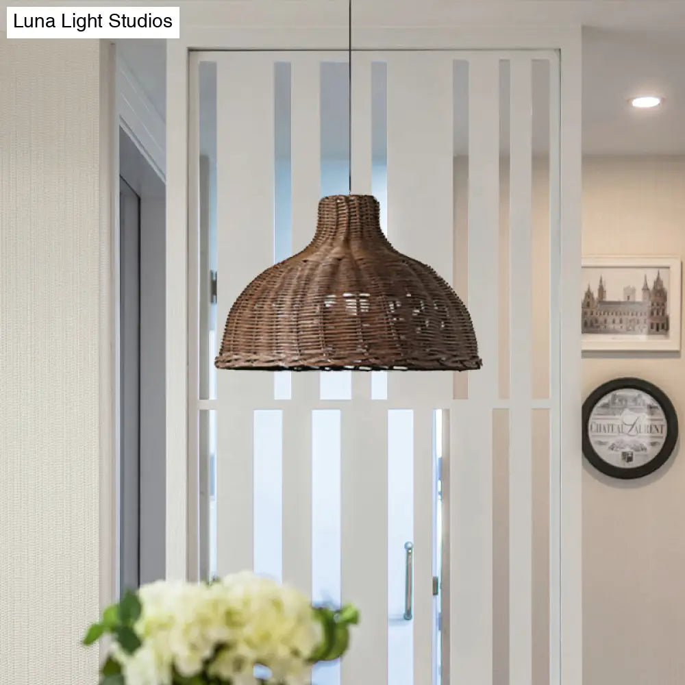 Rattan Beach House Pendant Light - 1 Half Circle Fixture With Adjustable Cord In White/Brown