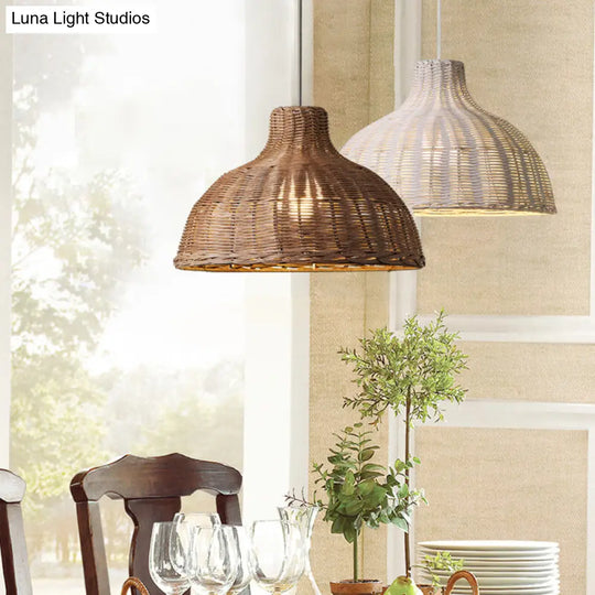 Rattan Beach House Pendant Light - 1 Half Circle Fixture With Adjustable Cord In White/Brown