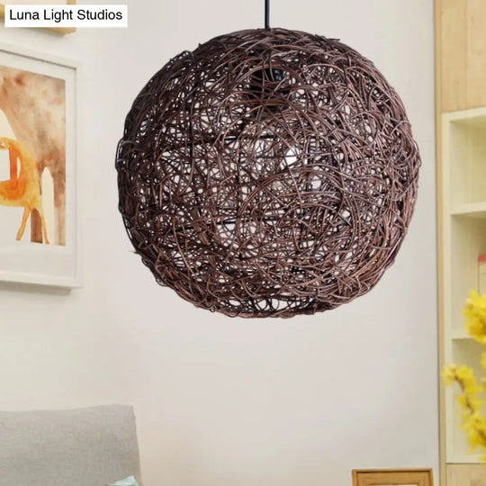 Rattan Pendant Lighting Fixture - Asian Inspired Globe Hanging Light For Bedroom 1 Bulb Coffee