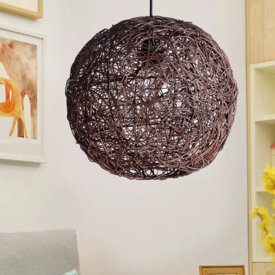 Rattan Pendant Lighting Fixture - Asian Inspired Globe Hanging Light For Bedroom 1 Bulb Coffee