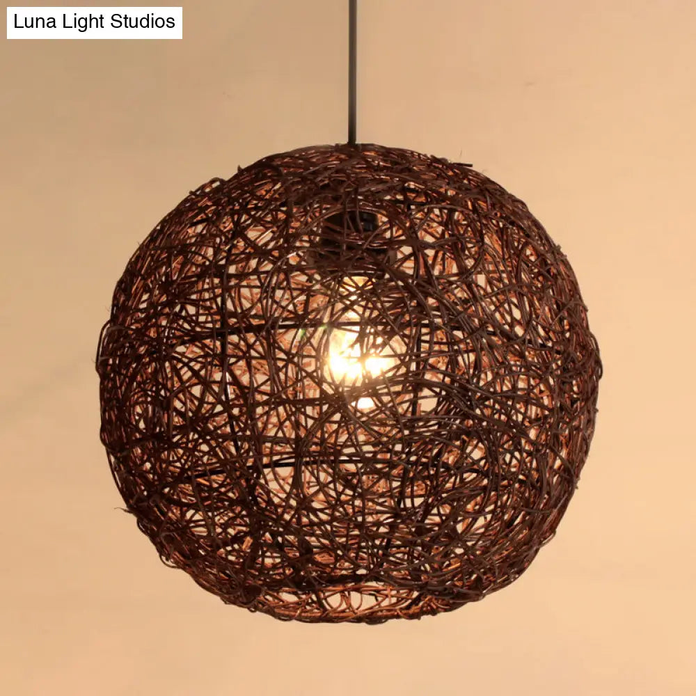 Rattan Pendant Lighting Fixture - Asian Inspired Globe Hanging Light For Bedroom 1 Bulb Coffee