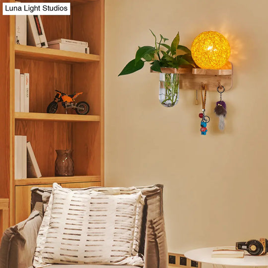 Rattan Wall Sconce With Nordic Ball Design Pull Chain And Plant Pot - Living Room Lighting