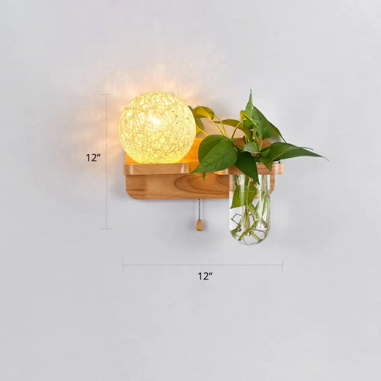 Rattan Wall Sconce With Nordic Ball Design Pull Chain And Plant Pot - Living Room Lighting Beige /