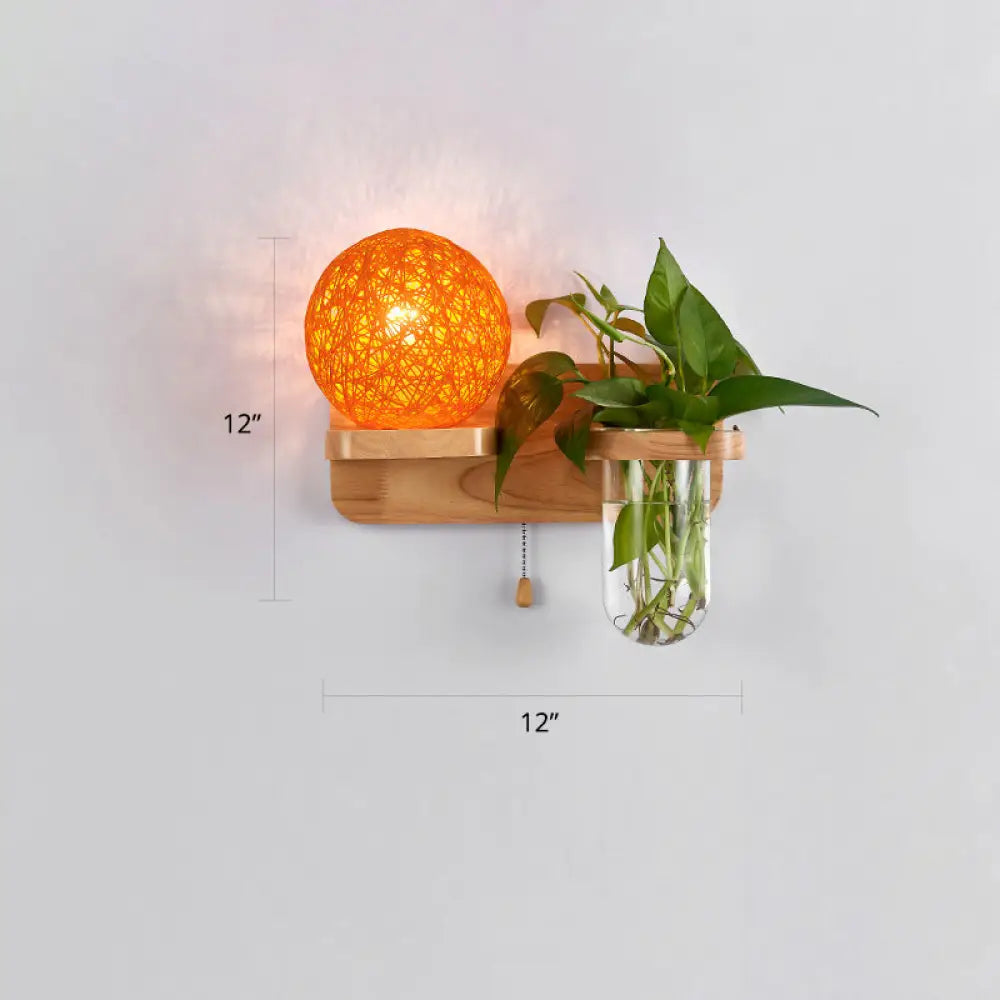 Rattan Wall Sconce With Nordic Ball Design Pull Chain And Plant Pot - Living Room Lighting Orange /