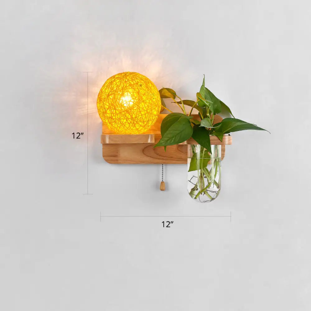 Rattan Wall Sconce With Nordic Ball Design Pull Chain And Plant Pot - Living Room Lighting Yellow /