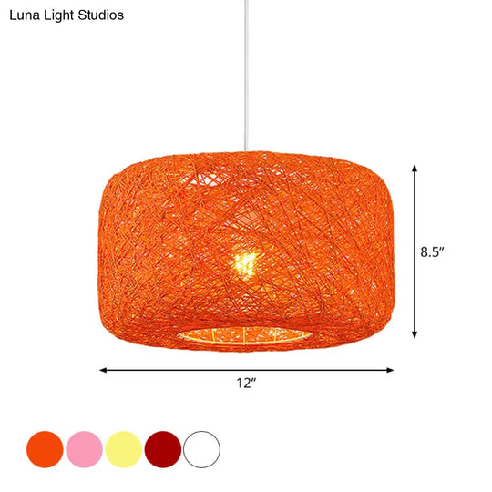 Rattan Weave Macaron Pendant Light: Red/Pink/Orange Drum Drop 1-Light Suspension For Bistro