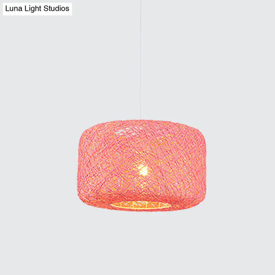 Rattan Weave Macaron Pendant Light: Red/Pink/Orange Drum Drop 1-Light Suspension For Bistro