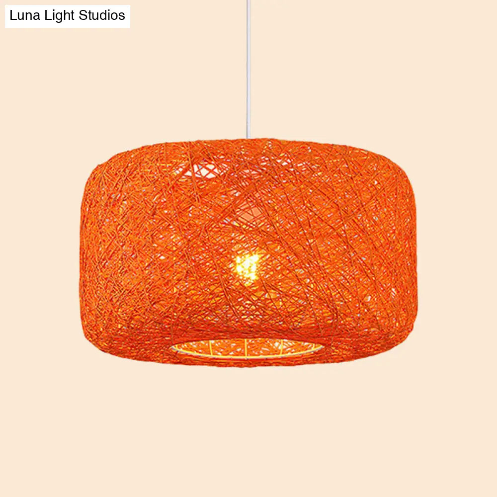 Rattan Weave Macaron Pendant Light: Red/Pink/Orange Drum Drop 1-Light Suspension For Bistro
