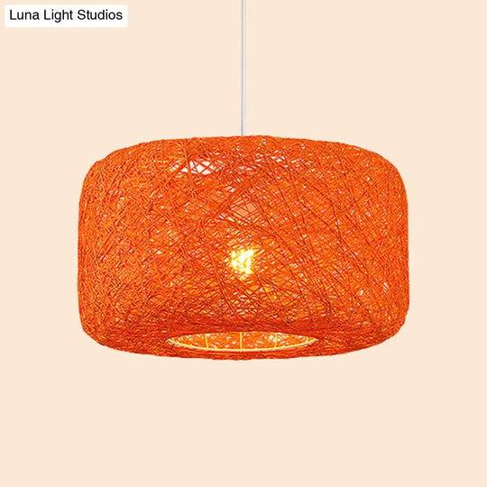 Rattan Weave Macaron Pendant Light: Red/Pink/Orange Drum Drop 1-Light Suspension For Bistro