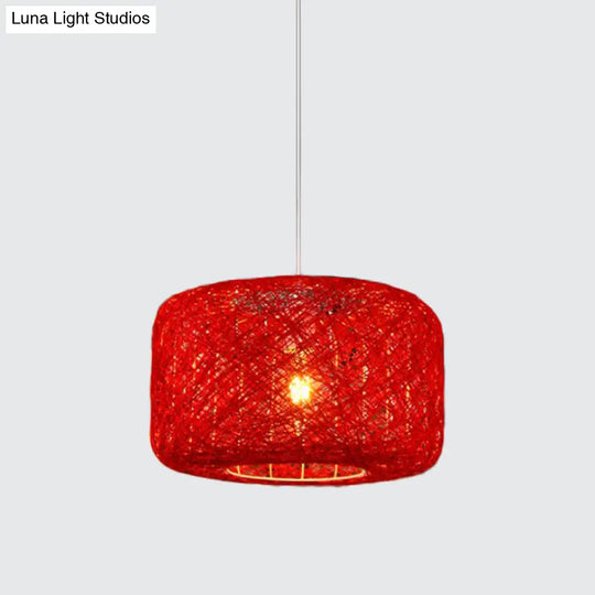 Rattan Weave Macaron Pendant Light: Red/Pink/Orange Drum Drop 1-Light Suspension For Bistro