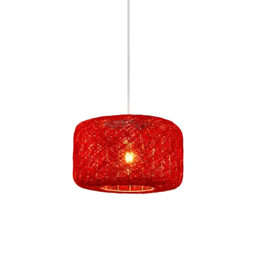 Rattan Weave Macaron Pendant Light: Red/Pink/Orange Drum Drop 1-Light Suspension For Bistro Red