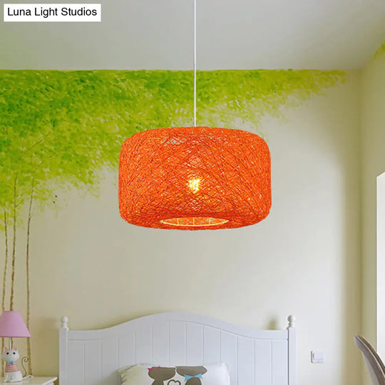 Rattan Weave Macaron Pendant Light: Red/Pink/Orange Drum Drop 1-Light Suspension For Bistro