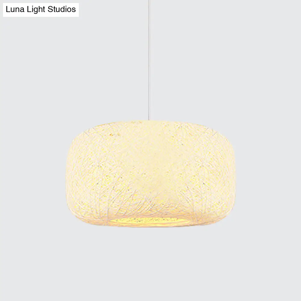 Rattan Weave Macaron Pendant Light: Red/Pink/Orange Drum Drop 1-Light Suspension For Bistro