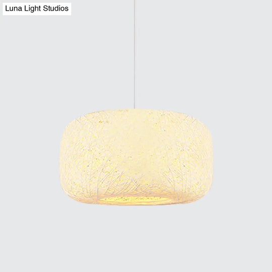 Rattan Weave Macaron Pendant Light: Red/Pink/Orange Drum Drop 1-Light Suspension For Bistro