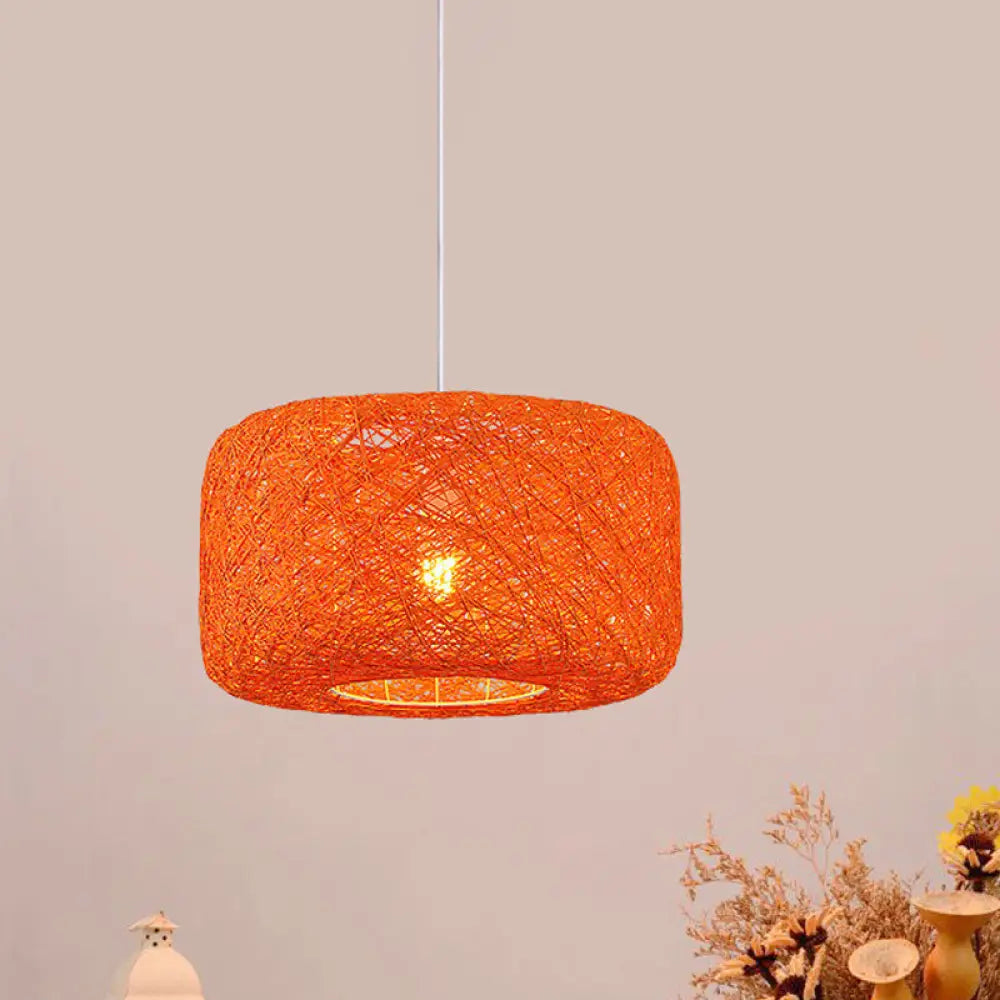 Rattan Weave Macaron Pendant Light: Red/Pink/Orange Drum Drop 1-Light Suspension For Bistro Orange
