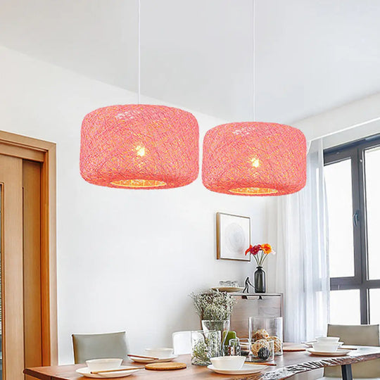 Rattan Weave Macaron Pendant Light: Red/Pink/Orange Drum Drop 1-Light Suspension For Bistro Pink