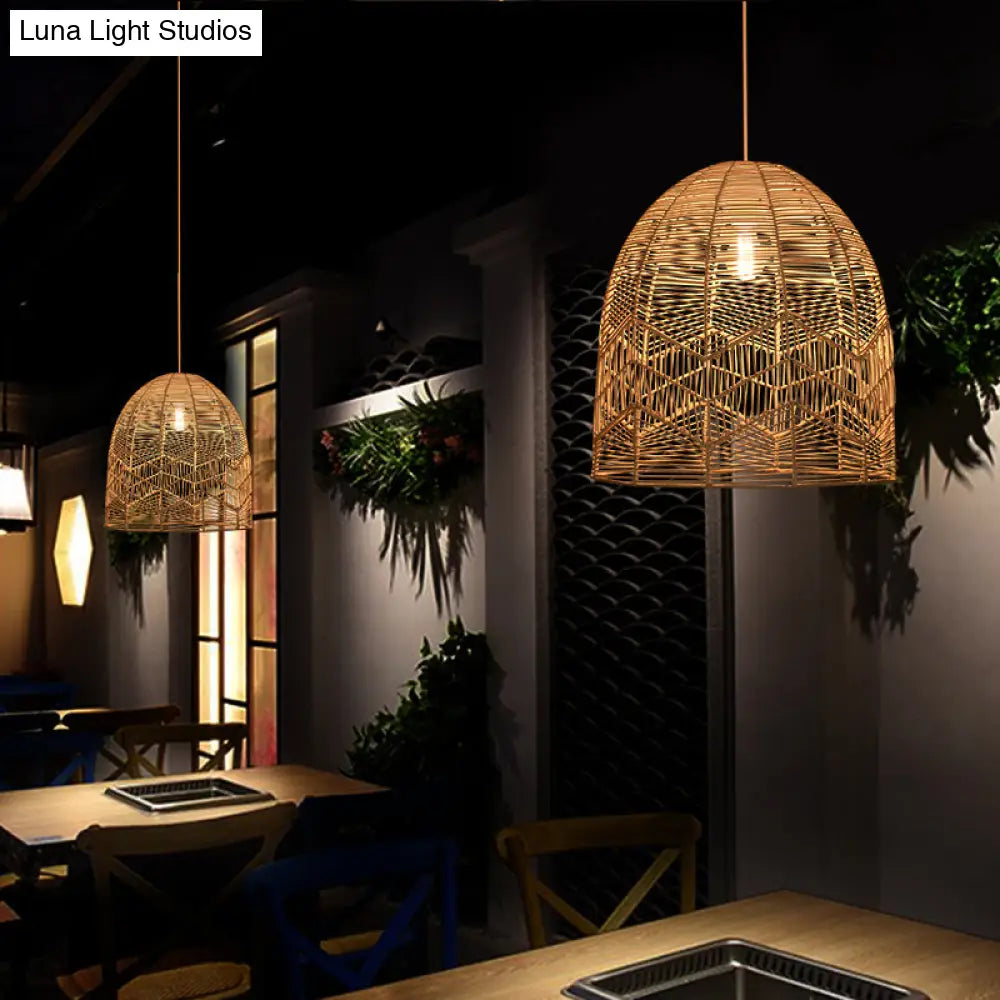 Rattan Wood Hanging Lamp - Asian Style Elongated Ceiling Light For Tea Room