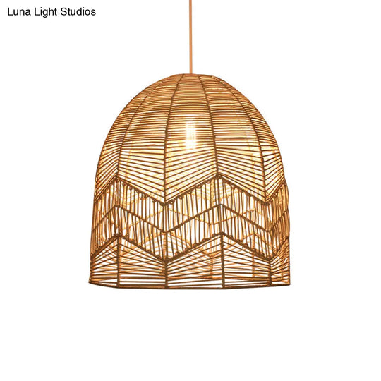 Rattan Wood Hanging Lamp - Asian Style Elongated Ceiling Light For Tea Room