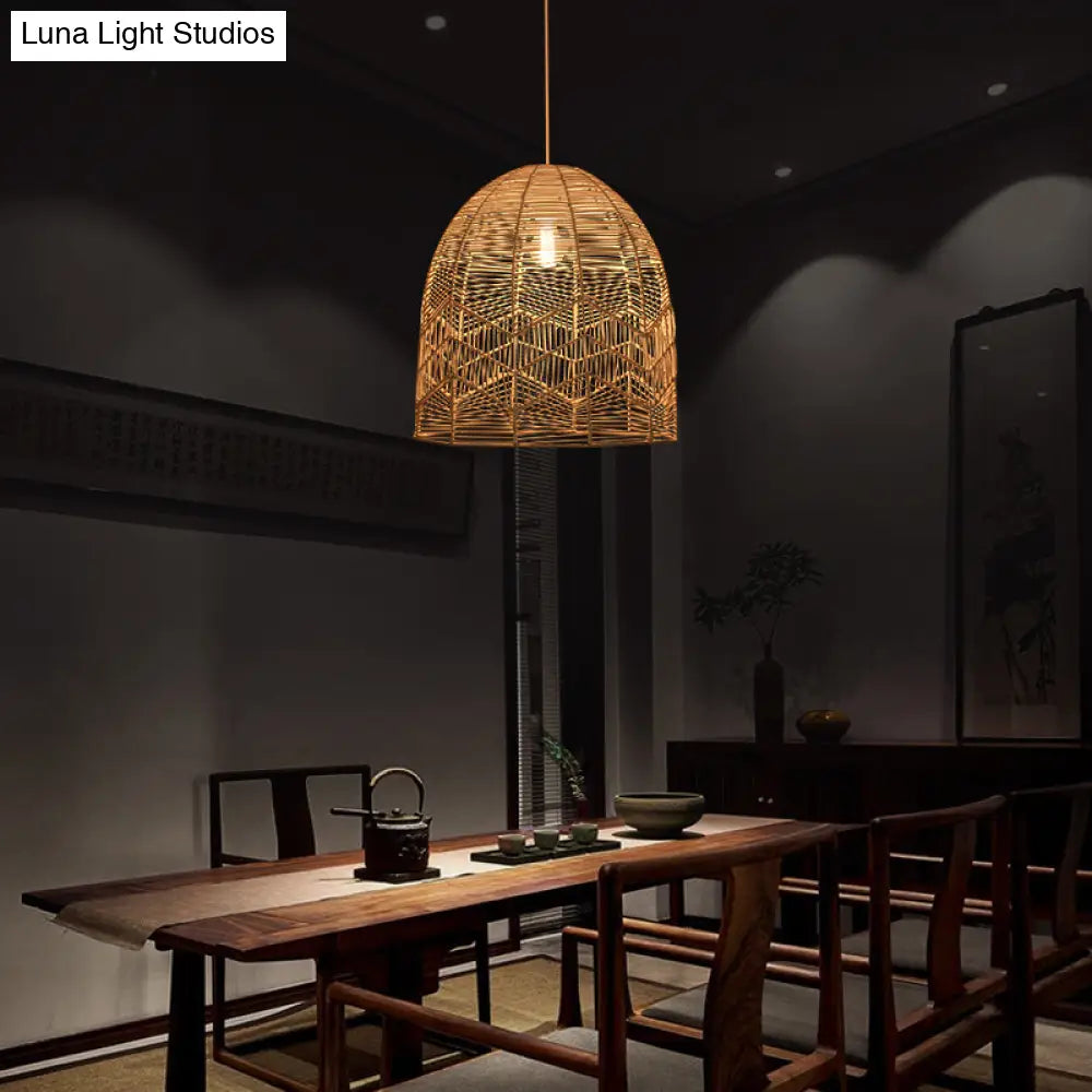 Rattan Wood Hanging Lamp - Asian Style Elongated Ceiling Light For Tea Room